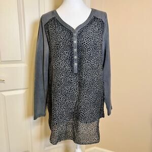 Soft Surroundings Overlay Tunic Grey with Dot Print Henley Style Size Medium